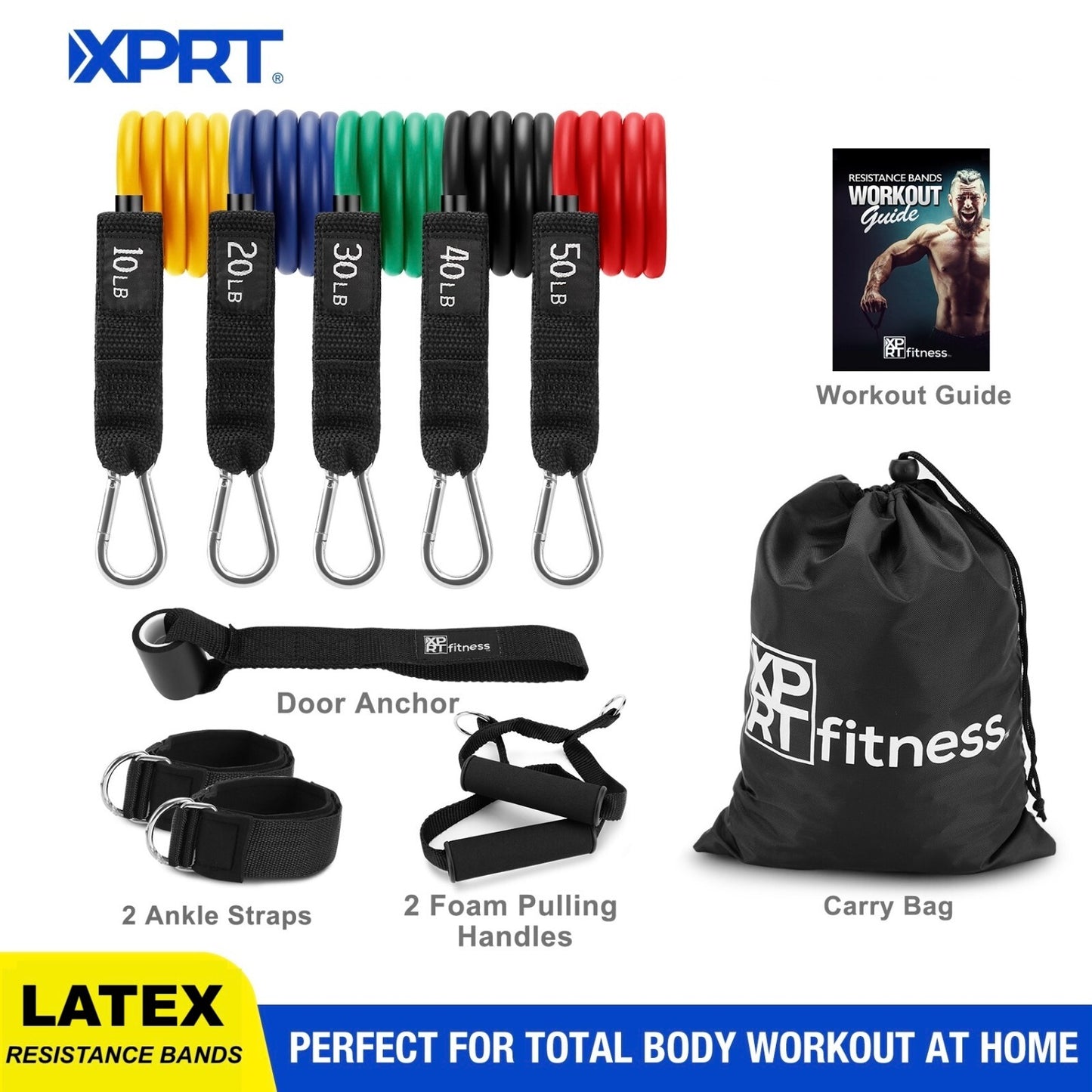 XPRT Fitness 11-Piece Resistance Bands Set 150LB - Ultimate Home Gym Kit.