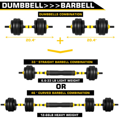 66LB Adjustable Dumbbell & Barbell Set 4-in-1 – Home Gym Strength Training Equipment