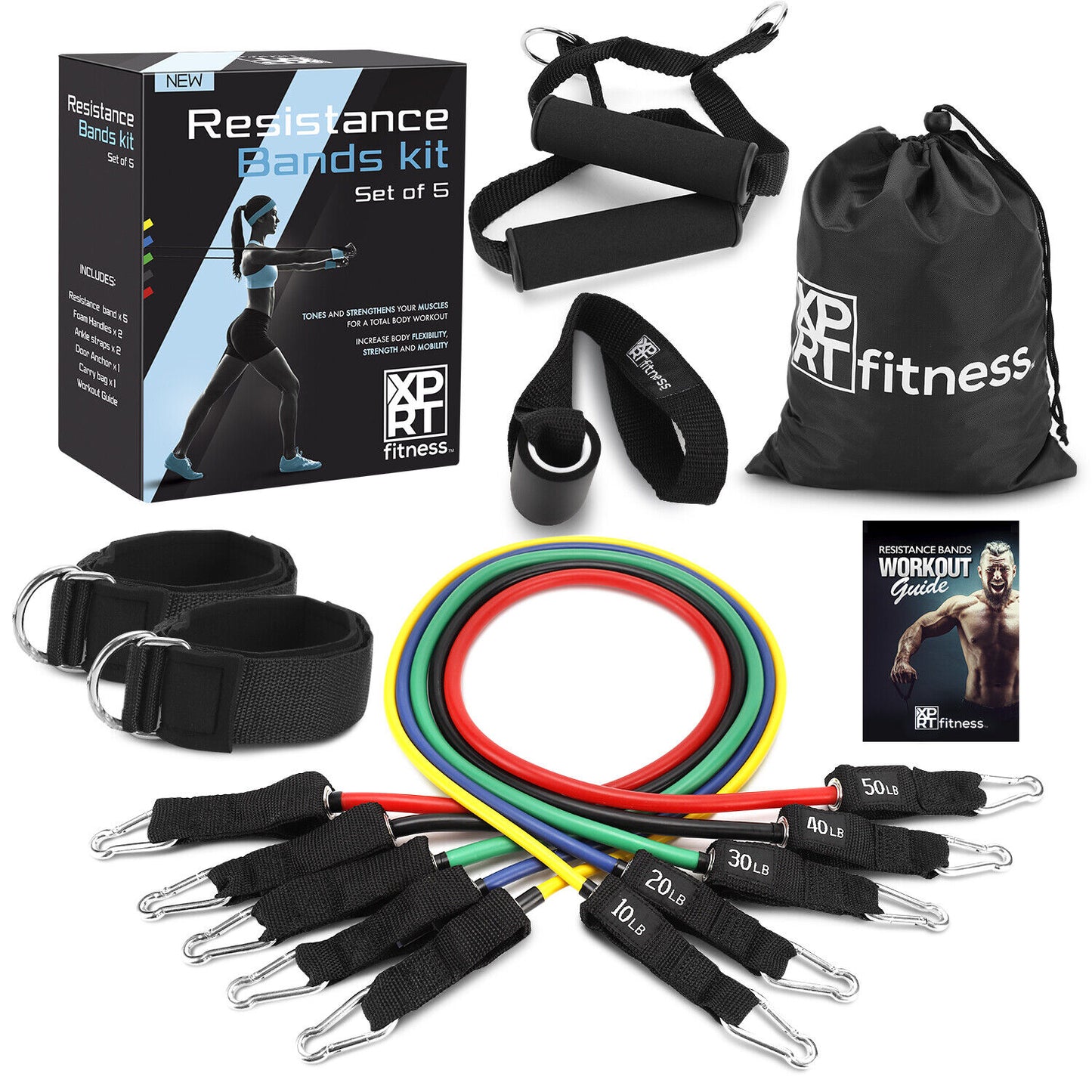 XPRT Fitness 11-Piece Resistance Bands Set 150LB - Ultimate Home Gym Kit.