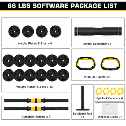 66LB Adjustable Dumbbell & Barbell Set 4-in-1 – Home Gym Strength Training Equipment