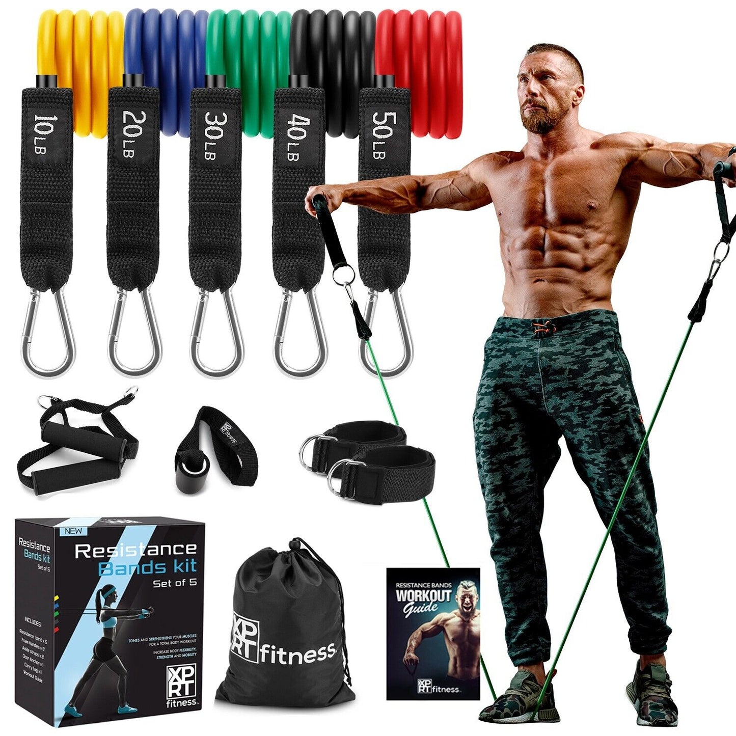 XPRT Fitness 11-Piece Resistance Bands Set 150LB - Ultimate Home Gym Kit.